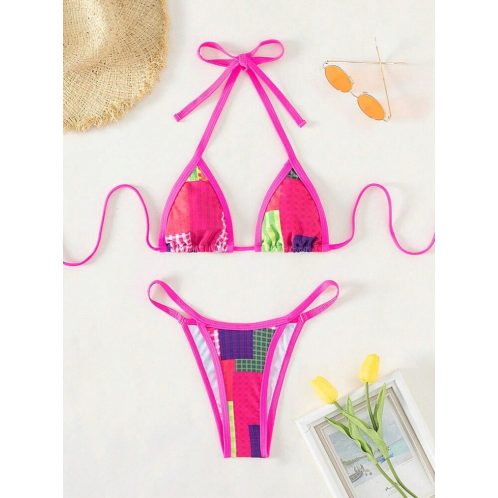 Medium Pink Patchwork Stretch Wireless Halter Tri… - image 3